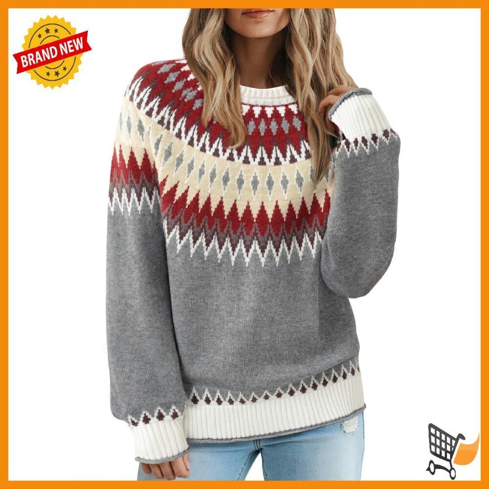 Oversized Fair Isle Pullover Sweater Soft Knit Winter Long Sleeve M-2XL